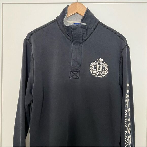 Tommy Hilfiger Sweater Pullover Mens Medium Black 1/4 Zip Snap Button Mock Neck - Picture 2 of 15